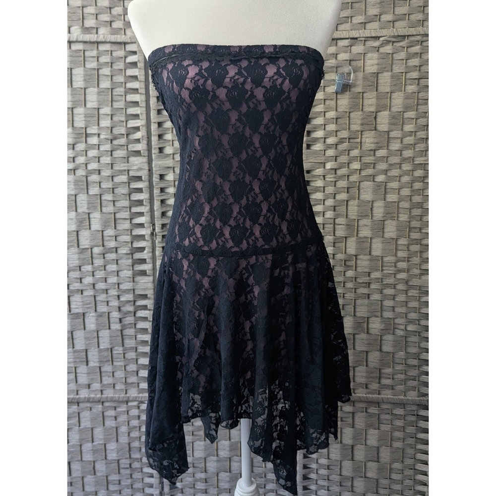 Vtg Y2K Strapless Dress Black Lace Handkerchief Hem Drop Waist Sz S Pink Lining